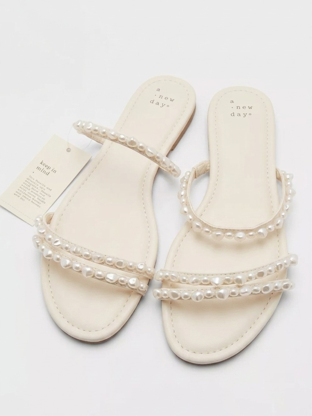 a new day Pearl-Strap Cream Slide Sandals